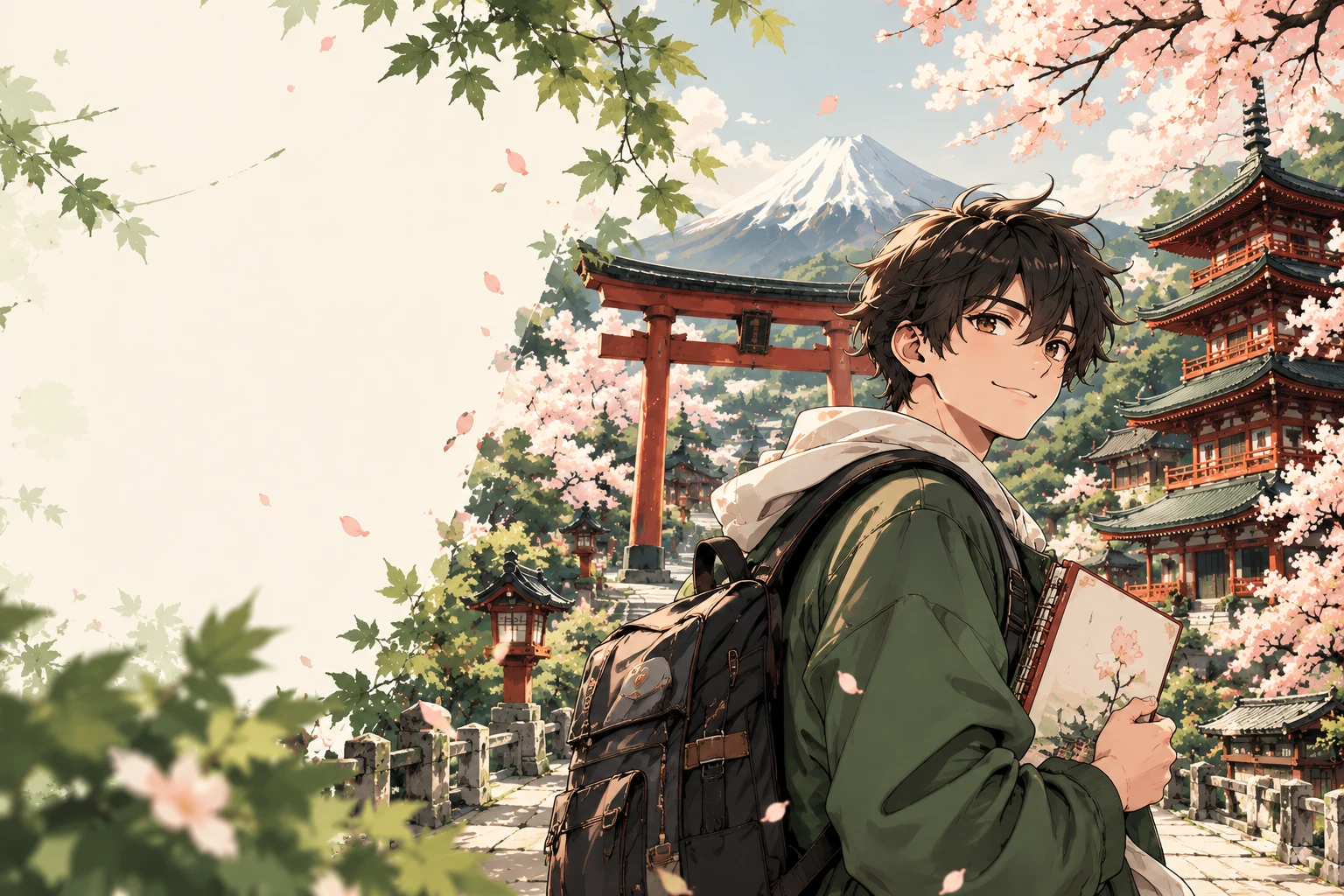 Pelajar membawa buku bahasa Jepang dengan latar Gunung Fuji, gerbang torii, dan bunga sakura